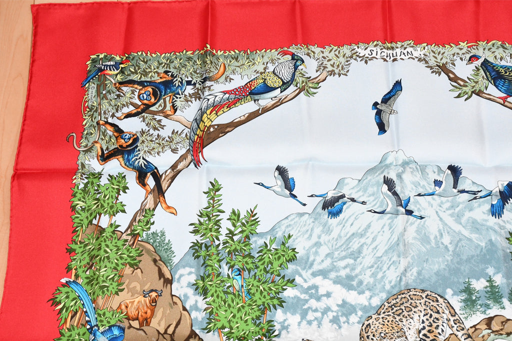 Hermes Scarf SICHUAN 90 cm by Robert Dallet red Carre Panda animal bird 35"
