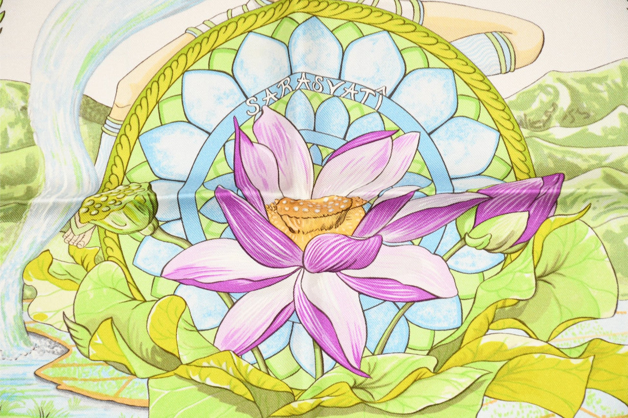 Hermes Scarf Sarasvati by Zoe Pauwels 90 cm silk white cream Carre lotus flower 35"