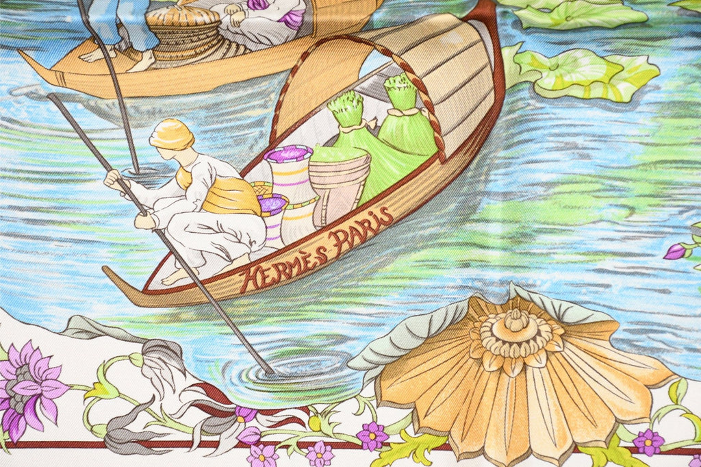 Hermes Scarf Sarasvati by Zoe Pauwels 90 cm silk white cream Carre lotus flower 35"