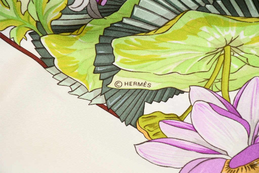 Hermes Scarf Sarasvati by Zoe Pauwels 90 cm silk white cream Carre lotus flower 35"