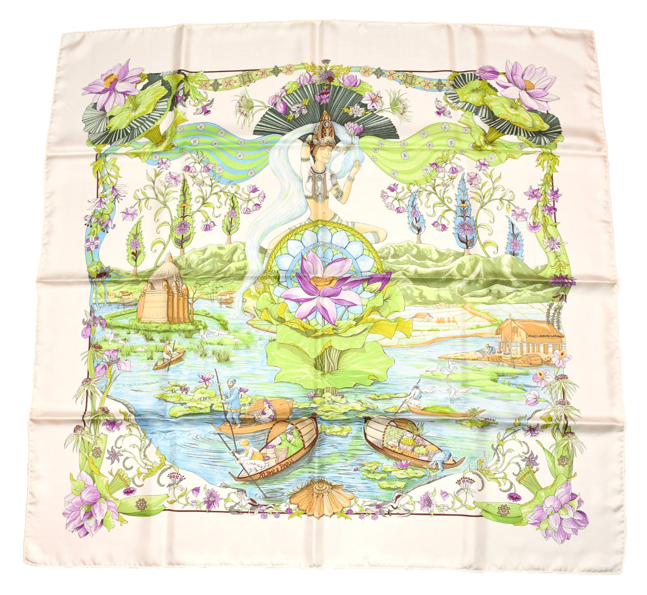 Hermes Scarf Sarasvati by Zoe Pauwels 90 cm silk white cream Carre lotus flower 35"