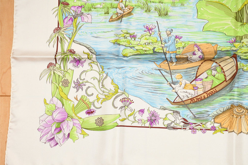 Hermes Scarf Sarasvati by Zoe Pauwels 90 cm silk white cream Carre lotus flower 35"