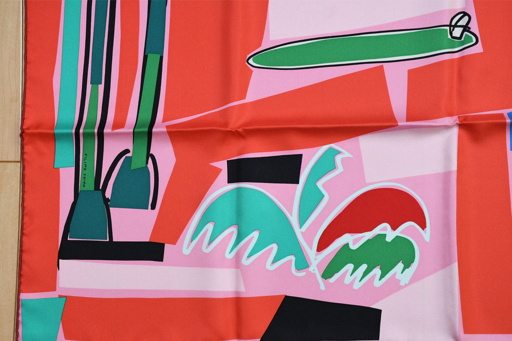 Hermes Scarf Sea Surf and Fun 90 cm silk pink Carre surfboard surfing 35"