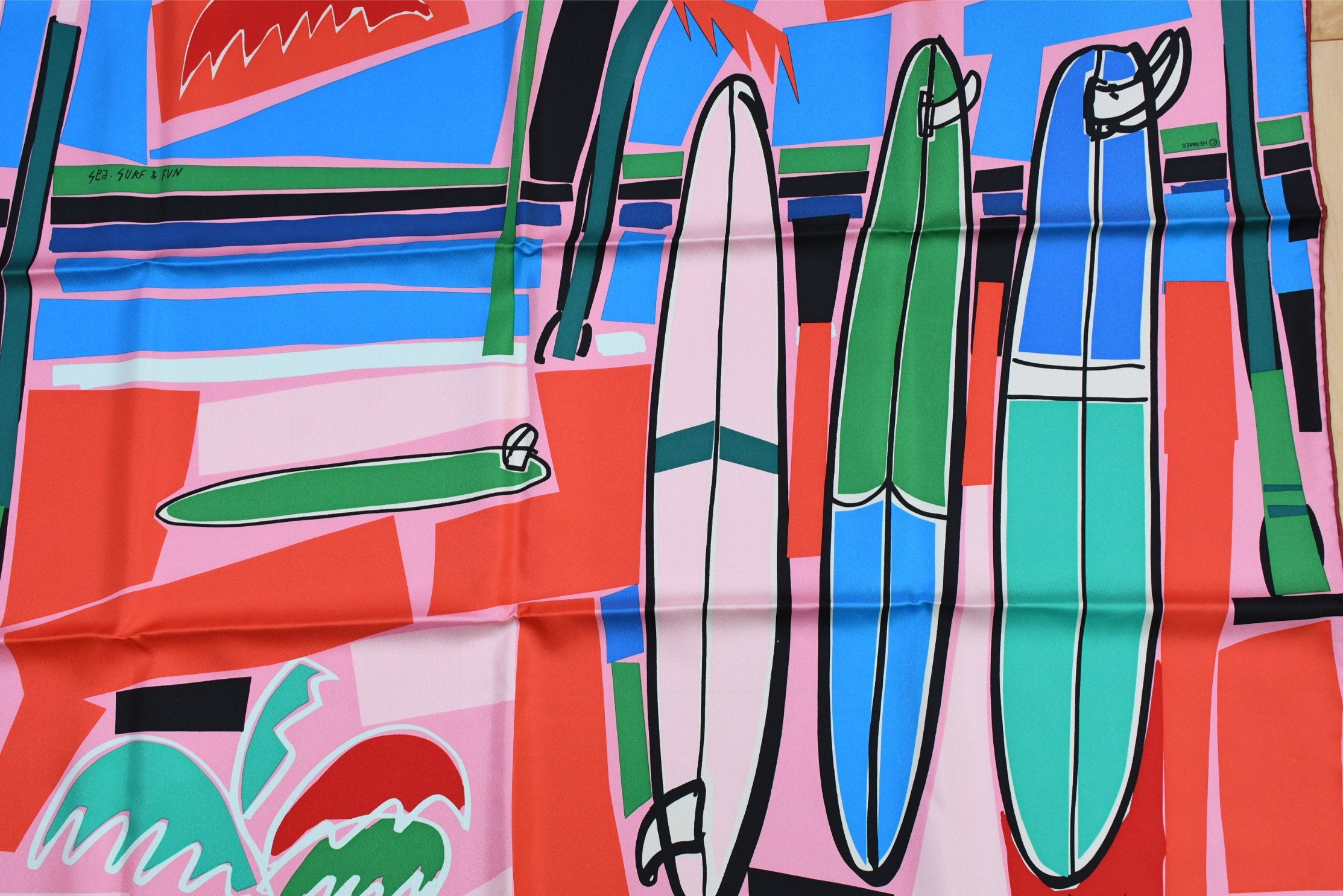 Hermes Scarf Sea Surf and Fun 90 cm silk pink Carre surfboard