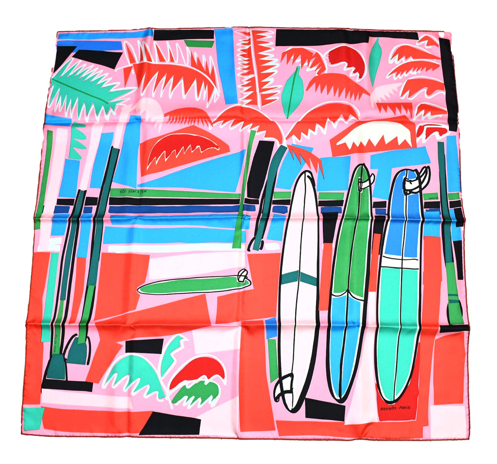 Hermes Scarf Sea Surf and Fun 90 cm silk pink Carre surfboard surfing 35"