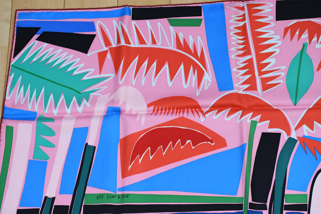 Hermes Scarf Sea Surf and Fun 90 cm silk pink Carre surfboard surfing 35"