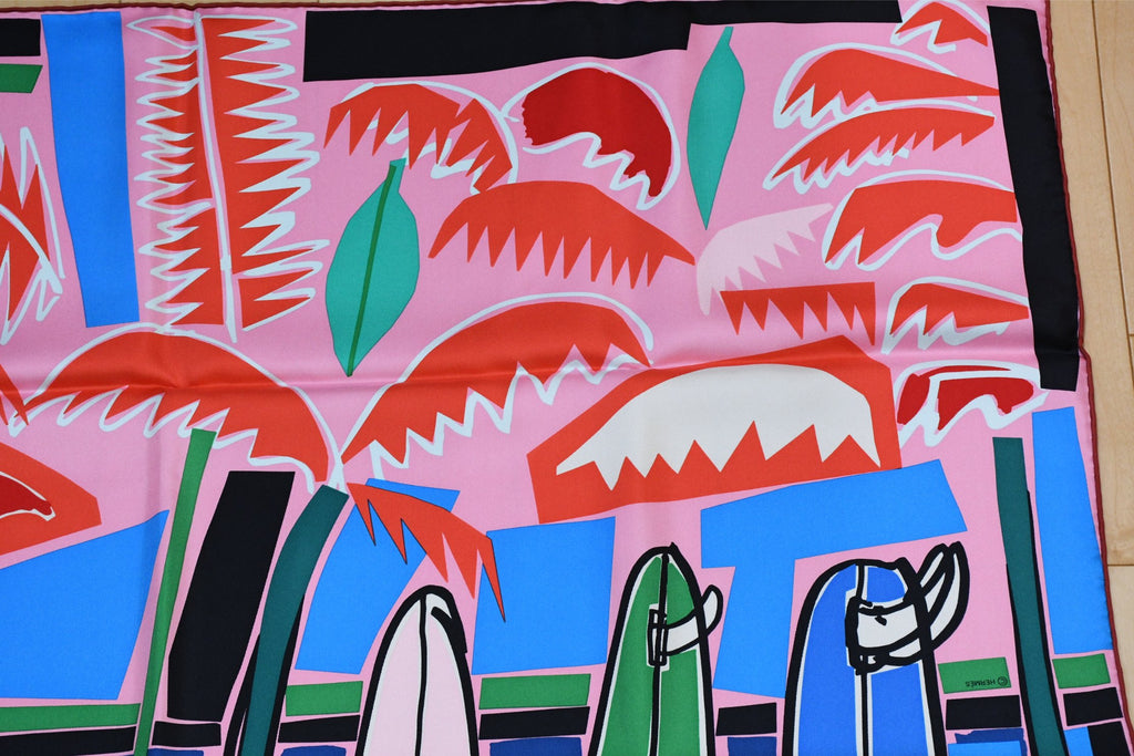Hermes Scarf Sea Surf and Fun 90 cm silk pink Carre surfboard surfing 35"