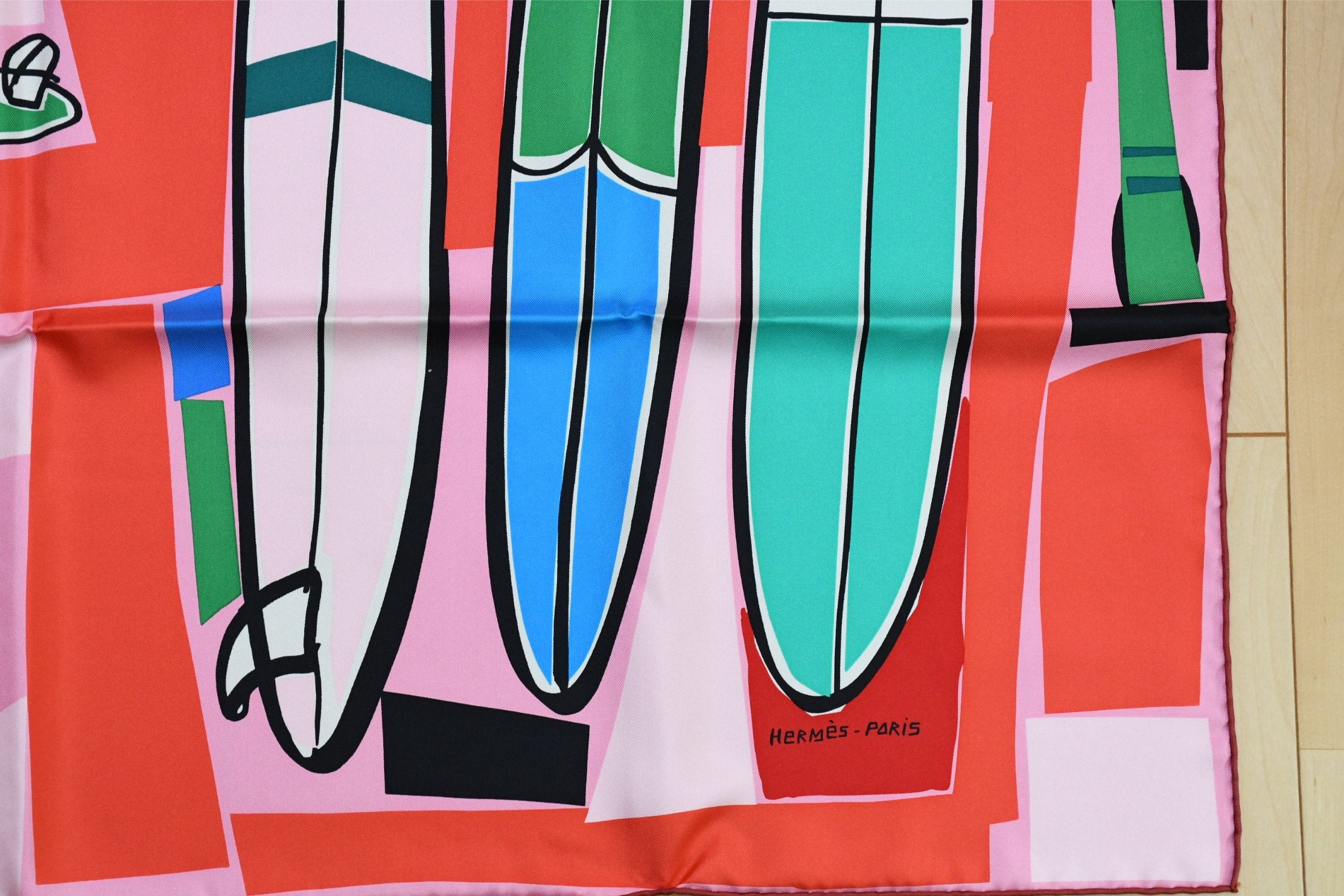 Hermes Scarf Sea Surf and Fun 90 cm silk pink Carre surfboard