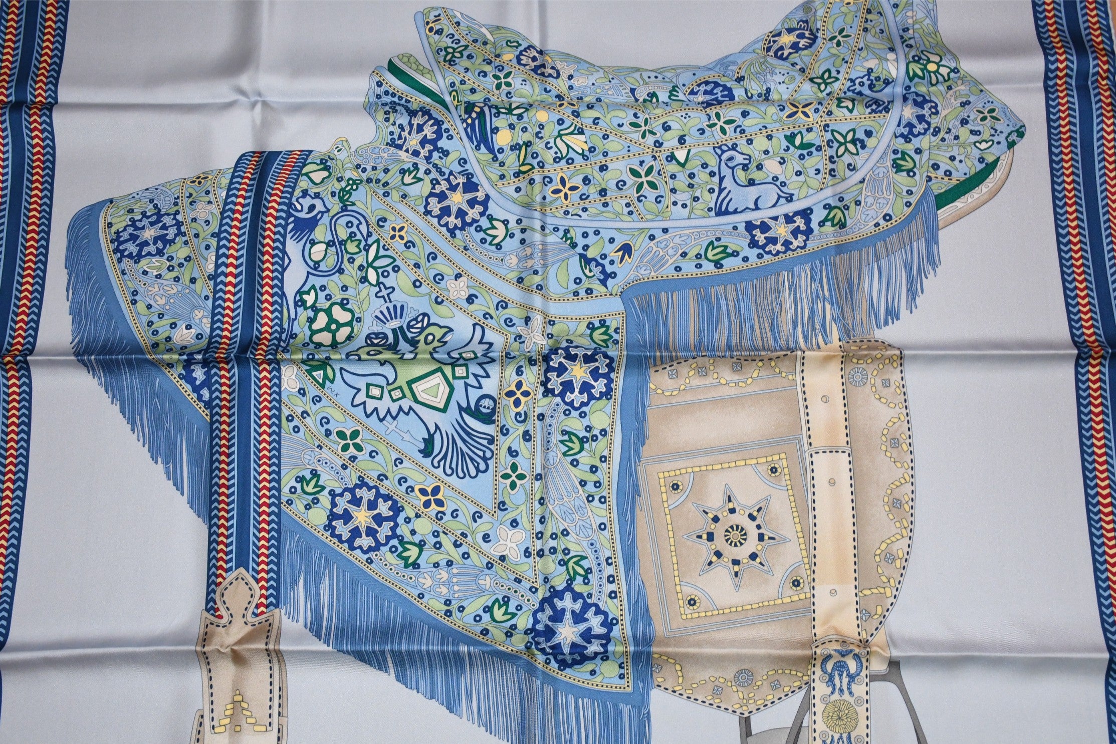 Hermes Scarf Selle des Steppes 90 cm silk blue horse saddle 35