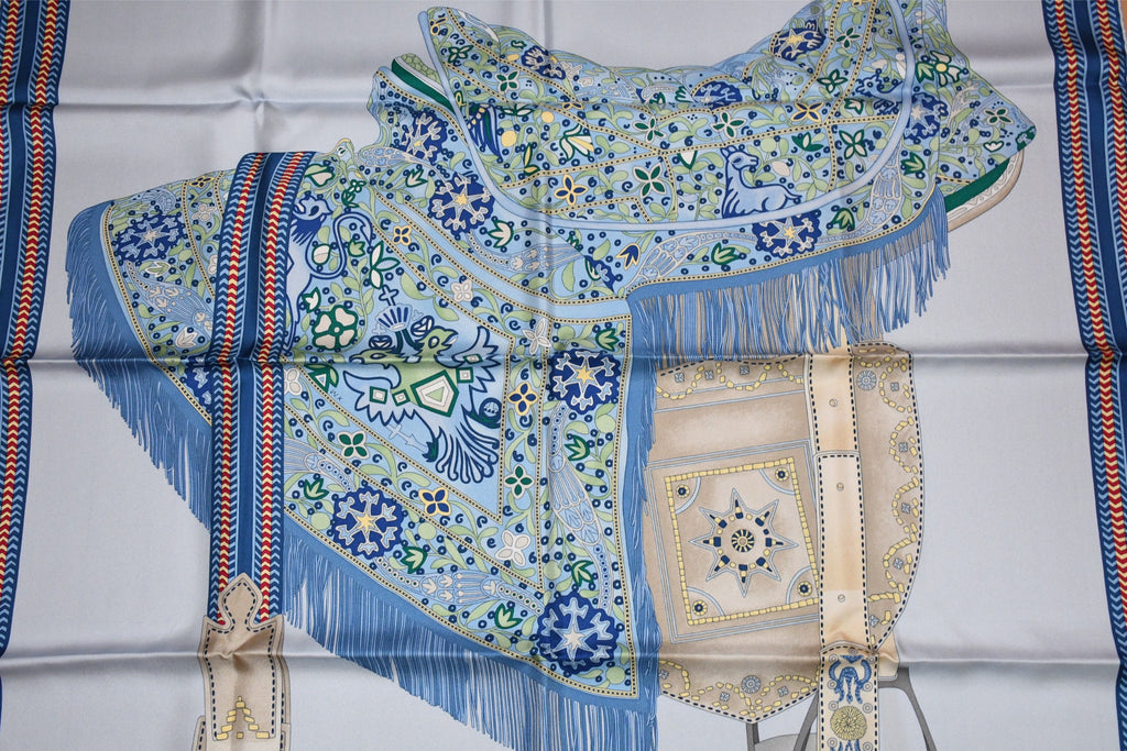 Hermes Scarf Selle des Steppes 90 cm silk blue horse saddle 35"