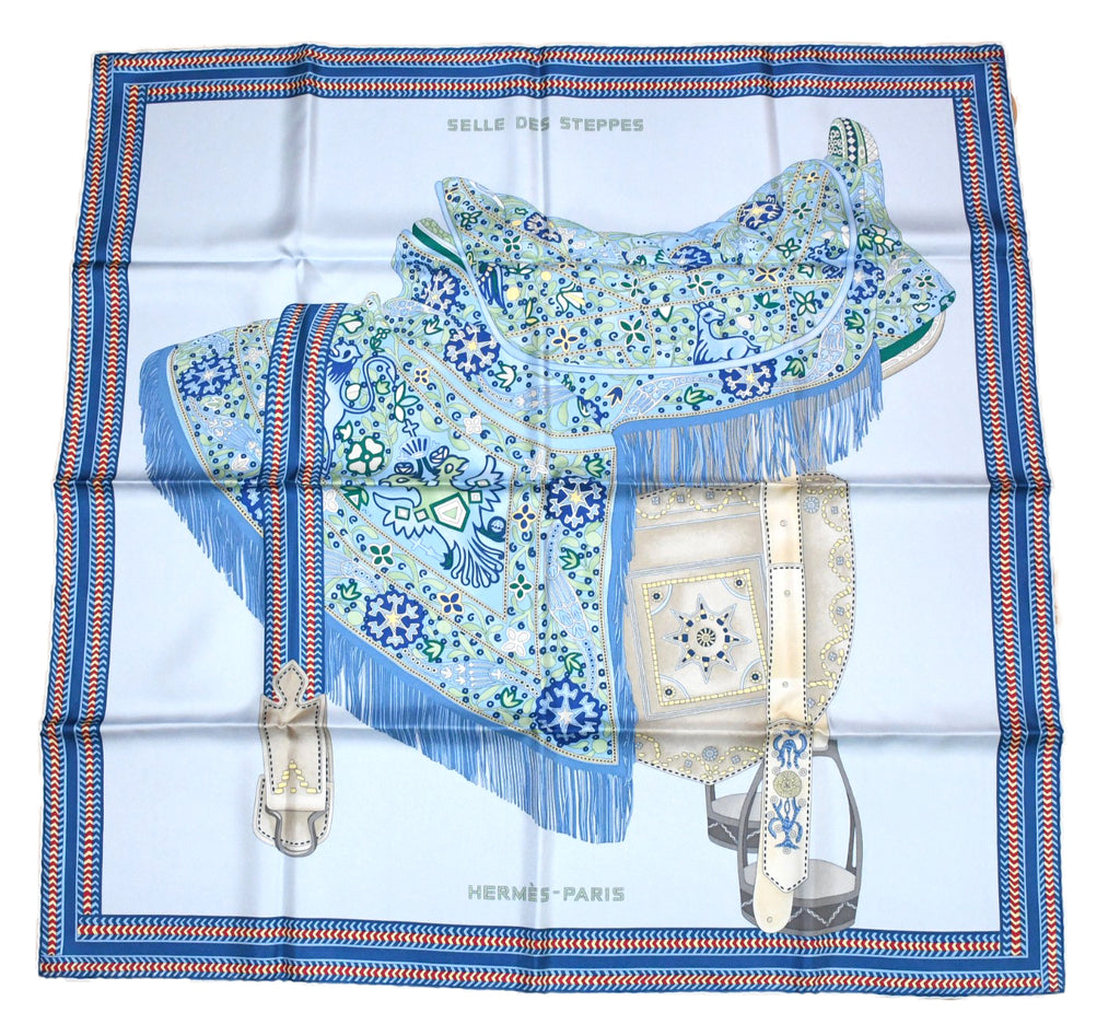 Hermes Scarf Selle des Steppes 90 cm silk blue horse saddle 35"