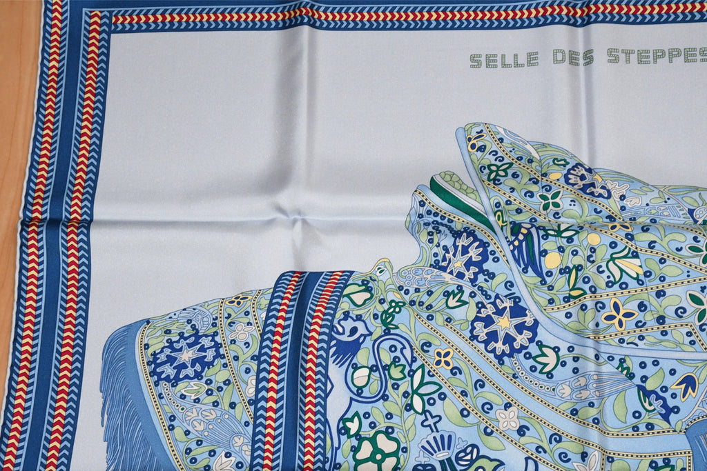 Hermes Scarf Selle des Steppes 90 cm silk blue horse saddle 35"