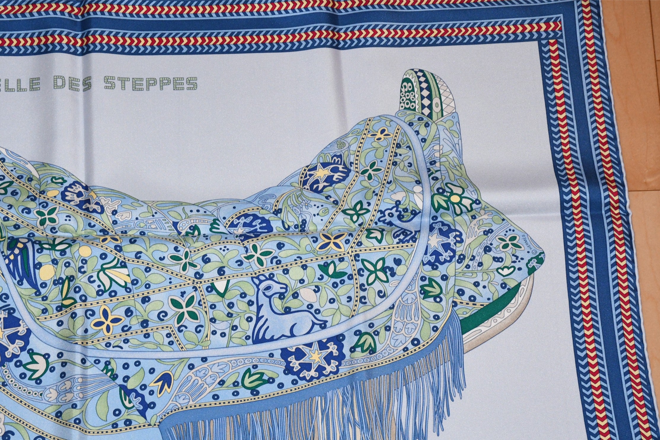 Hermes Scarf Selle des Steppes 90 cm silk blue horse saddle 35