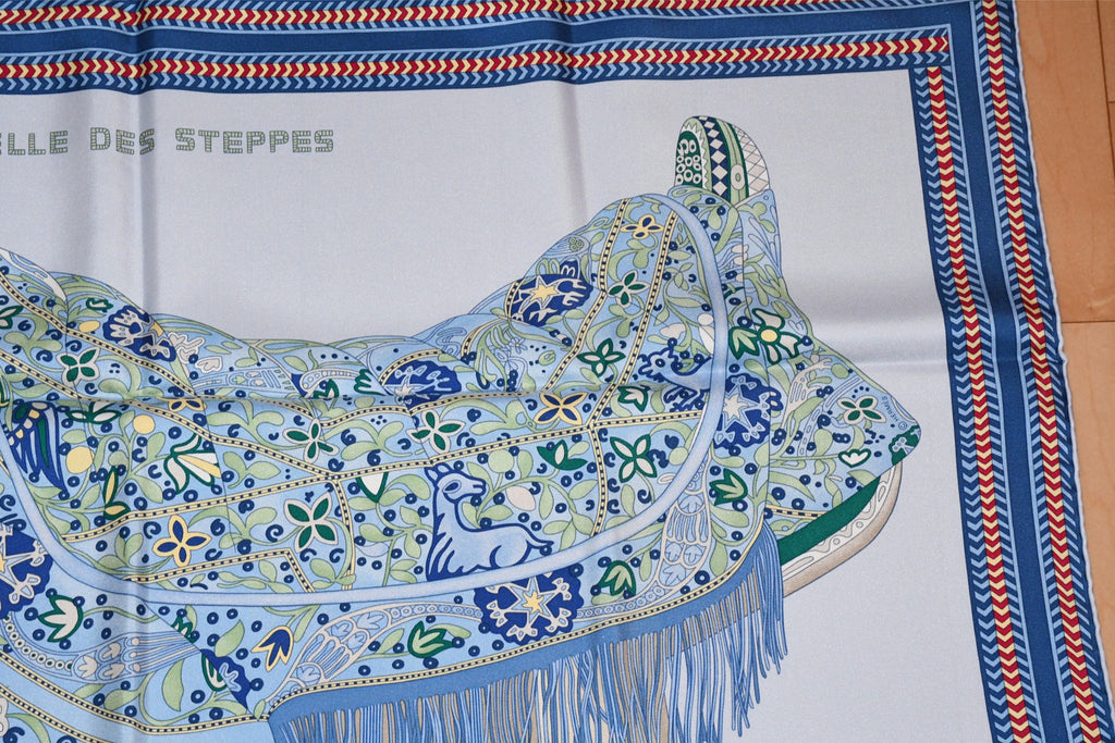 Hermes Scarf Selle des Steppes 90 cm silk blue horse saddle 35"