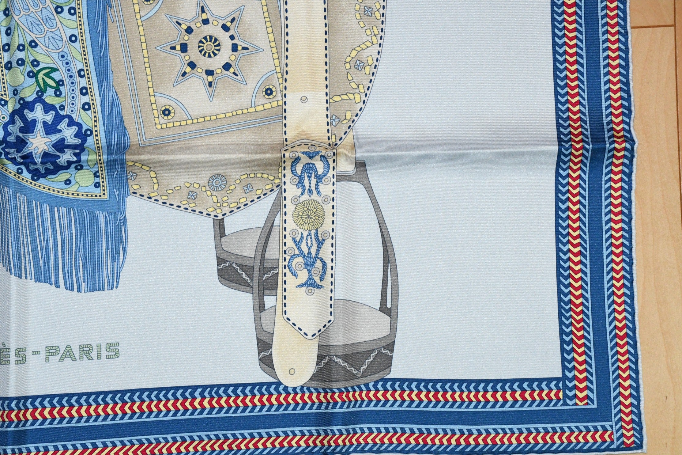 Hermes Scarf Selle des Steppes 90 cm silk blue horse saddle 35