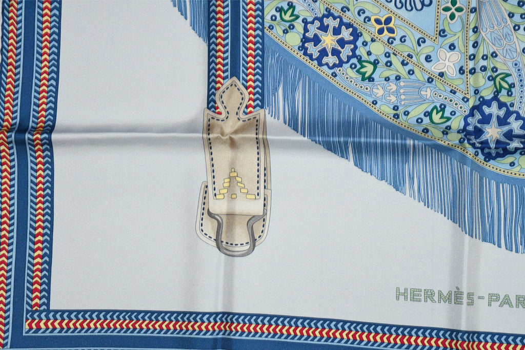 Hermes Scarf Selle des Steppes 90 cm silk blue horse saddle 35"