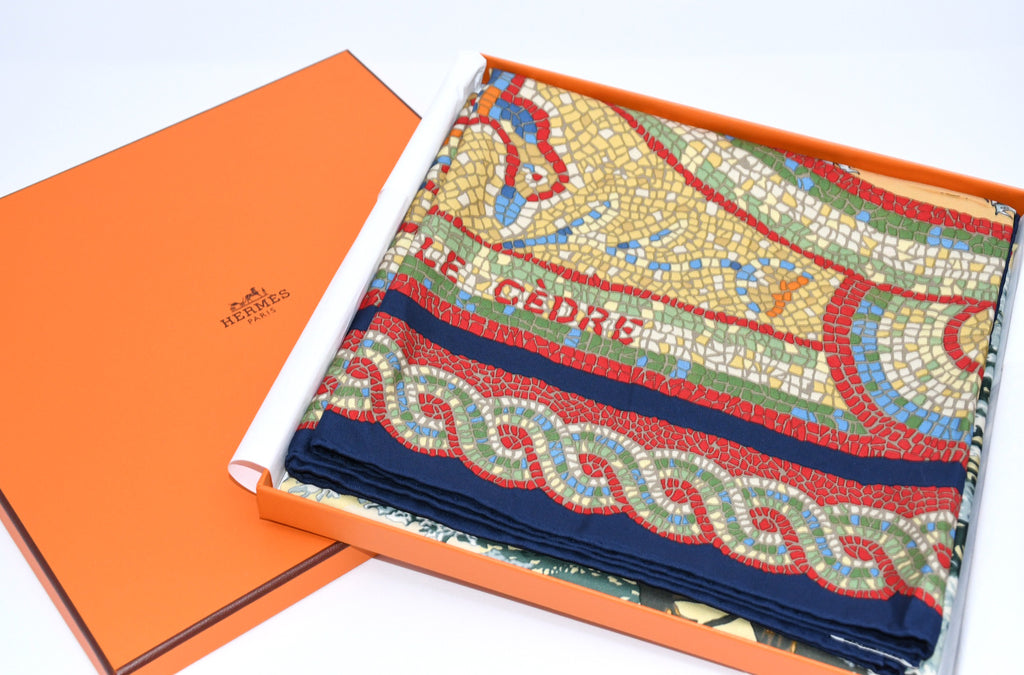 Hermes Scarf Sous le Cedre silk 90 cm navy blue red Carre Himalayas cedar 35"