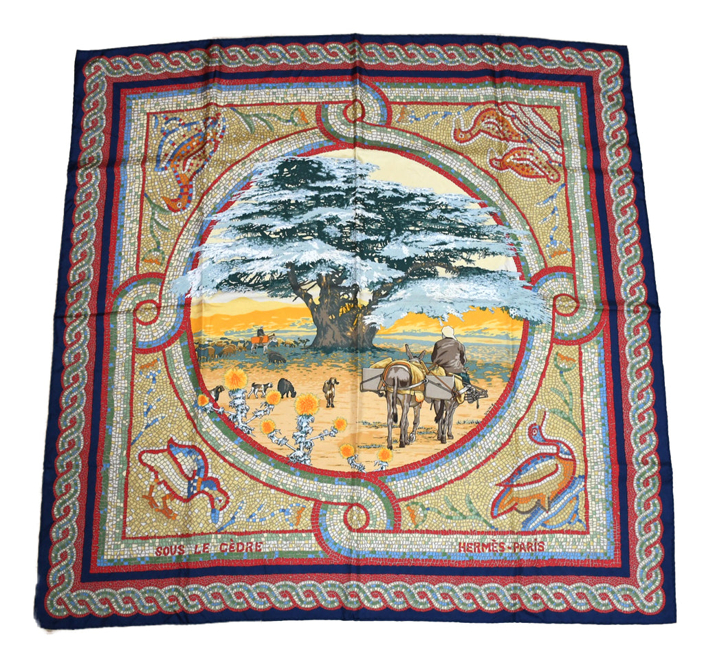 Hermes Scarf Sous le Cedre silk 90 cm navy blue red Carre Himalayas cedar 35"