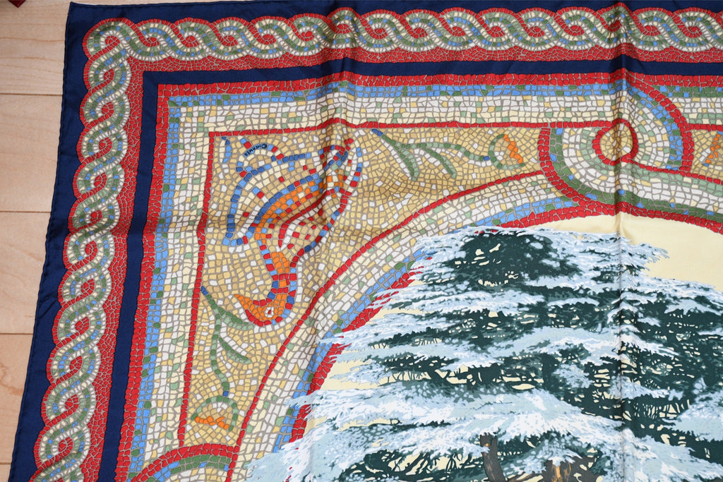 Hermes Scarf Sous le Cedre silk 90 cm navy blue red Carre Himalayas cedar 35"