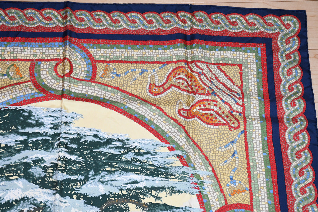 Hermes Scarf Sous le Cedre silk 90 cm navy blue red Carre Himalayas cedar 35"