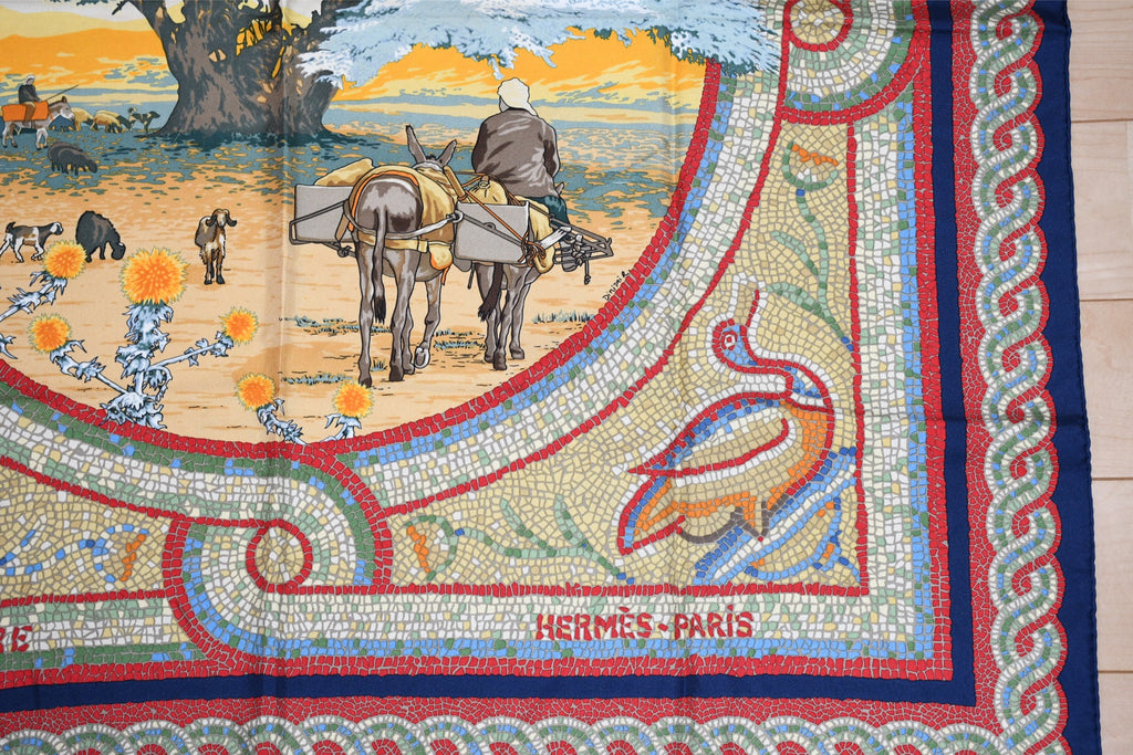 Hermes Scarf Sous le Cedre silk 90 cm navy blue red Carre Himalayas cedar 35"