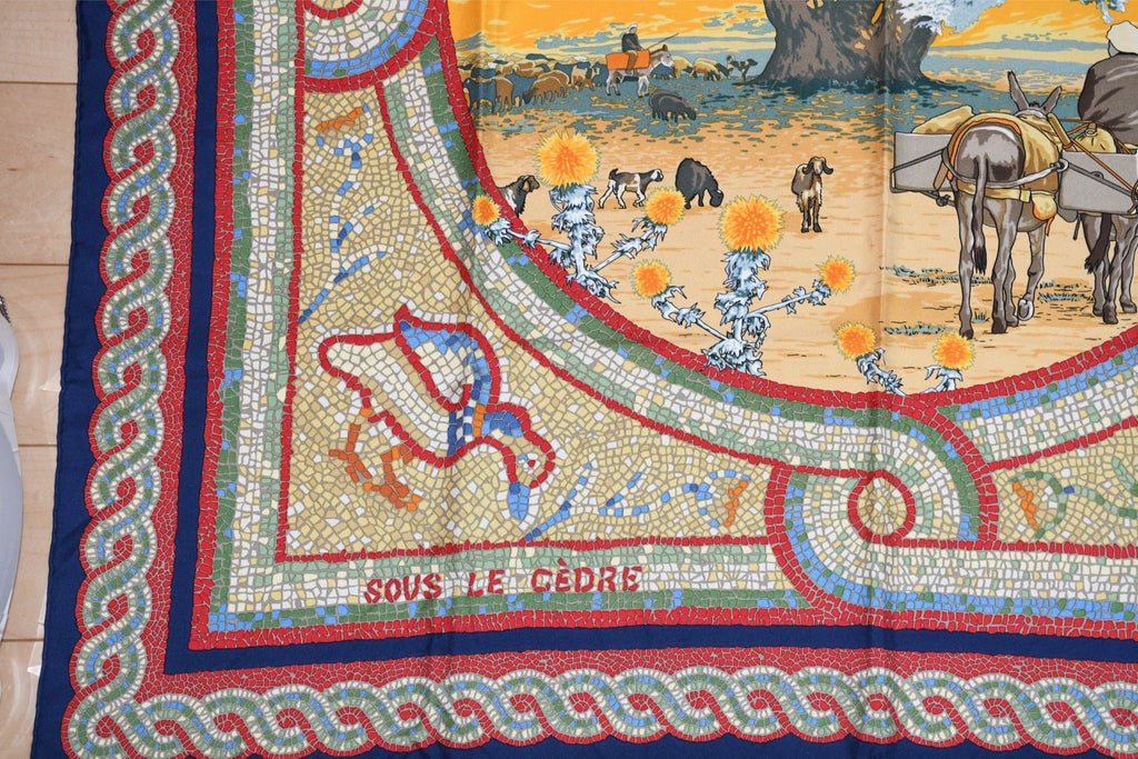Hermes Scarf Sous le Cedre silk 90 cm navy blue red Carre Himalayas cedar 35"