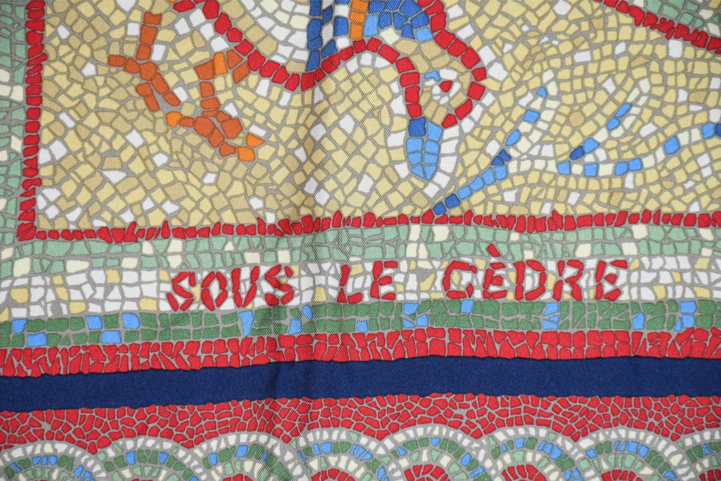 Hermes Scarf Sous le Cedre silk 90 cm navy blue red Carre Himalayas cedar 35"