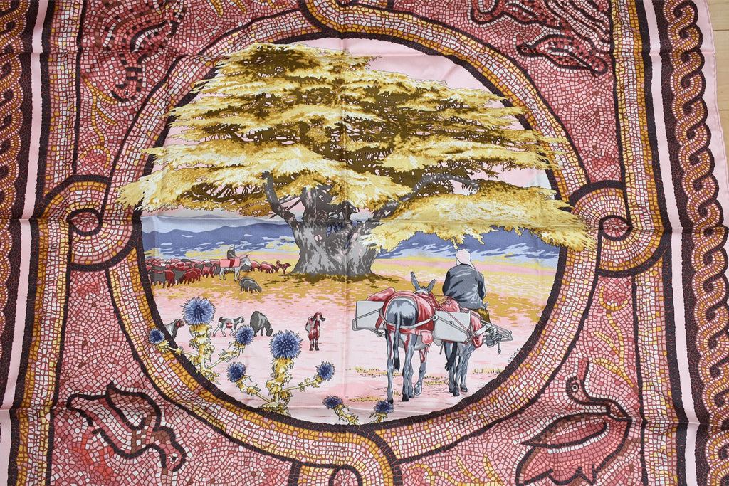 Hermes Scarf Sous le Cedre silk 90 cm pink Carre Himalayas cedar 35"
