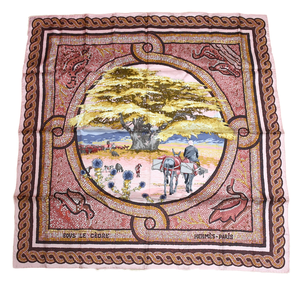 Hermes Scarf Sous le Cedre silk 90 cm pink Carre Himalayas cedar 35"