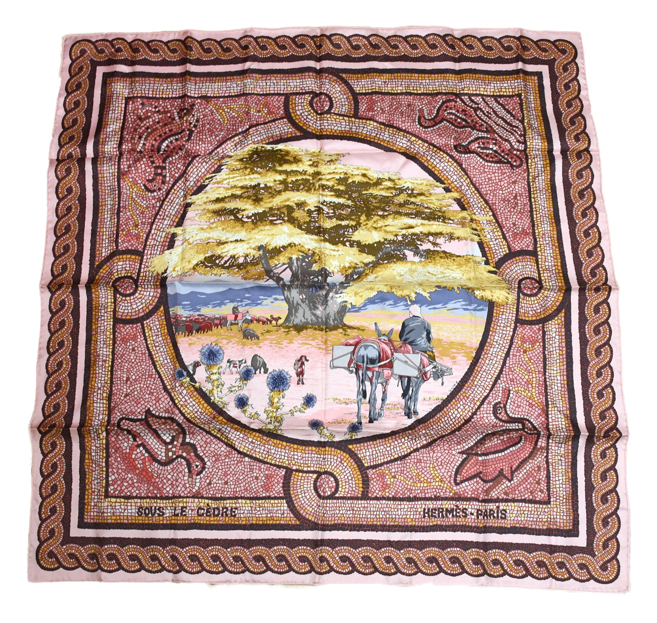 Hermes Scarf Sous le Cedre silk 90 cm pink Carre Himalayas cedar 35"