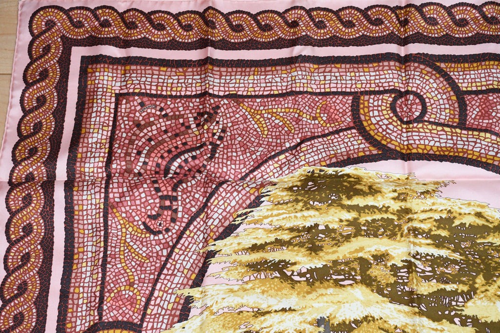 Hermes Scarf Sous le Cedre silk 90 cm pink Carre Himalayas cedar 35"