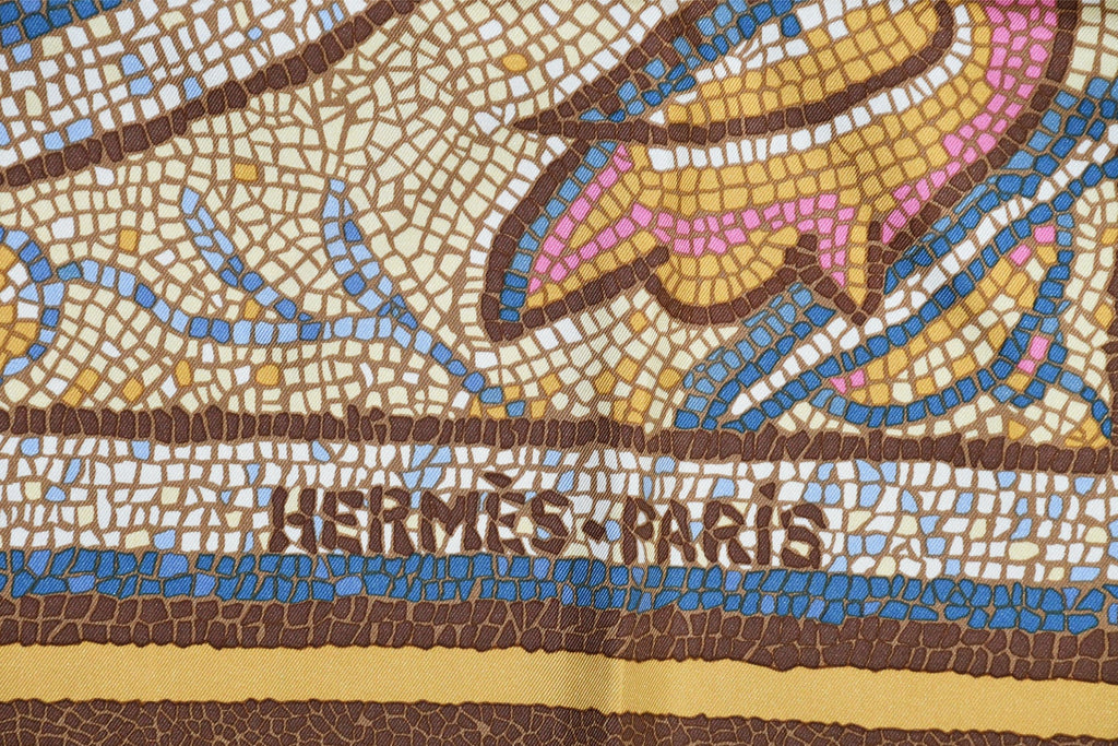 Hermes Scarf Sous le Cedre silk 90 cm yellow beige Carre Himalayas cedar 35"
