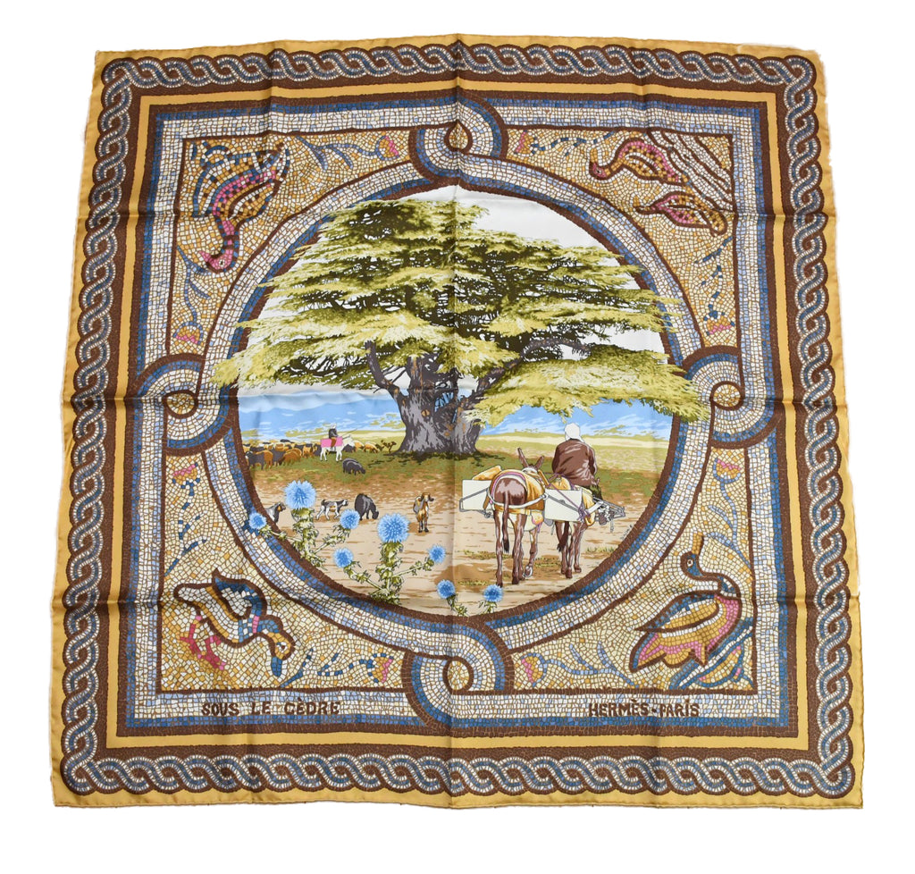 Hermes Scarf Sous le Cedre silk 90 cm yellow beige Carre Himalayas cedar 35"