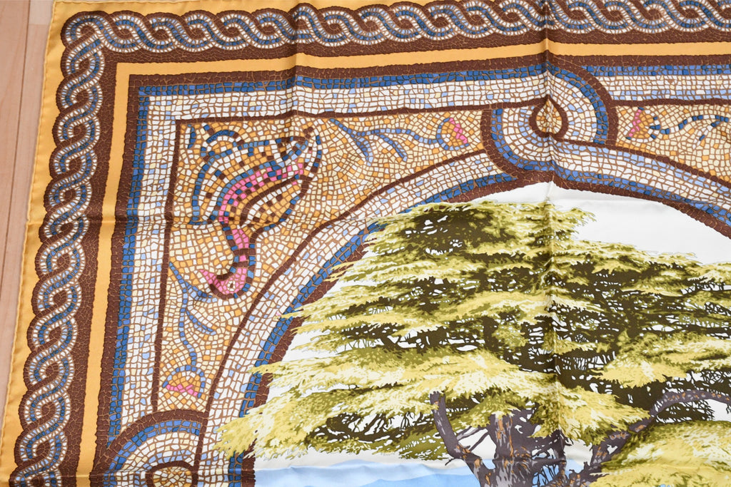 Hermes Scarf Sous le Cedre silk 90 cm yellow beige Carre Himalayas cedar 35"