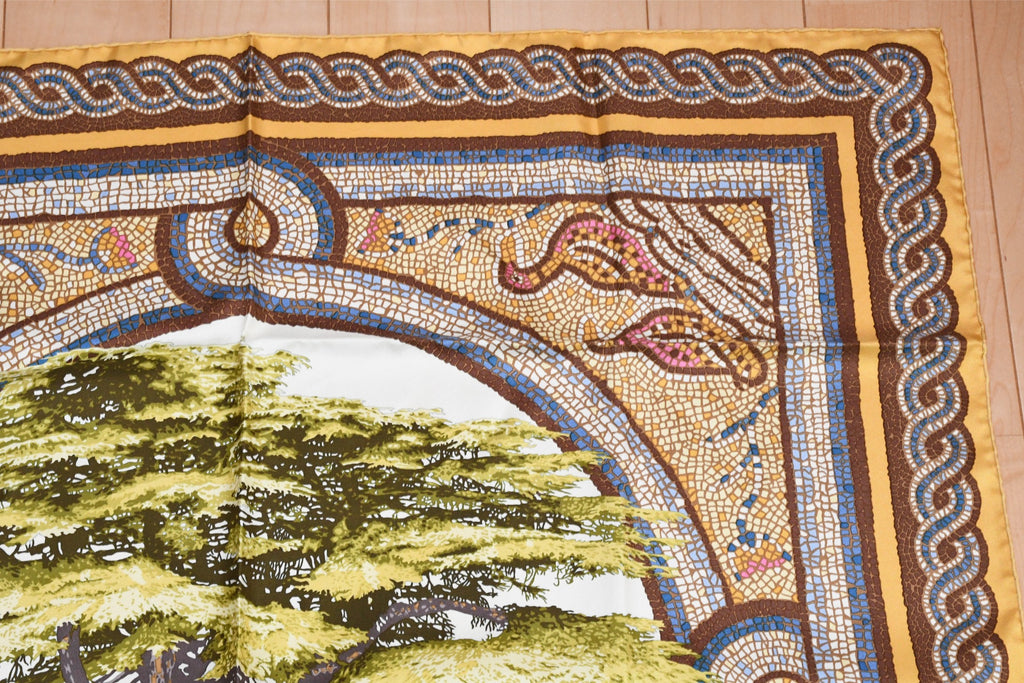 Hermes Scarf Sous le Cedre silk 90 cm yellow beige Carre Himalayas cedar 35"