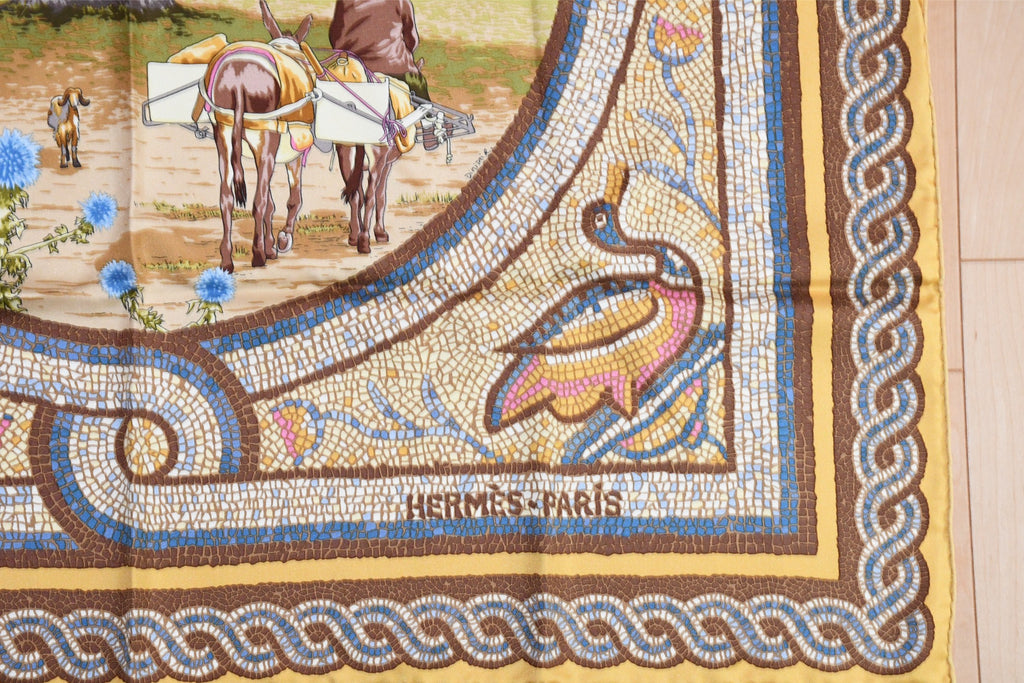Hermes Scarf Sous le Cedre silk 90 cm yellow beige Carre Himalayas cedar 35"