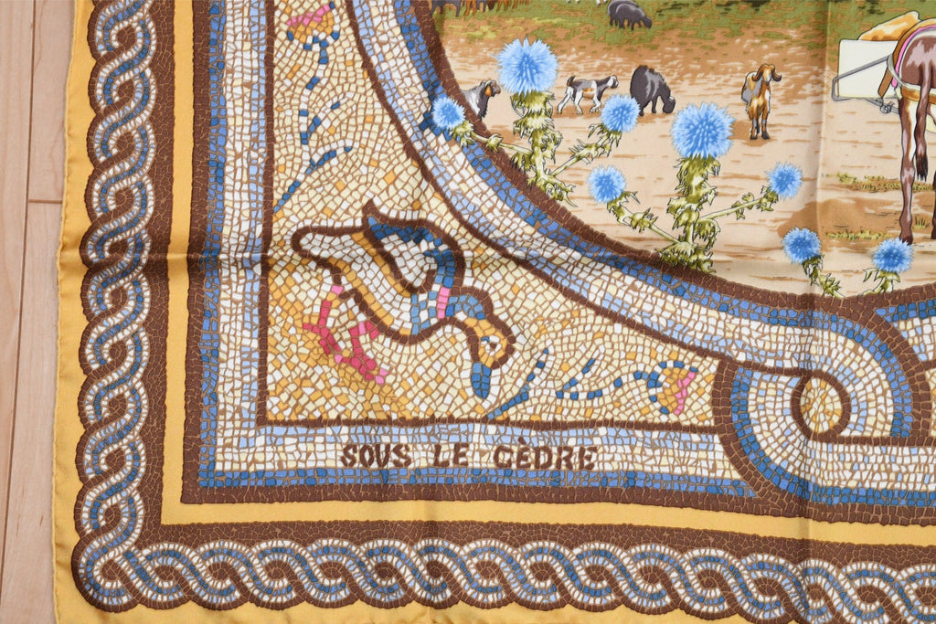Hermes Scarf Sous le Cedre silk 90 cm yellow beige Carre Himalayas cedar 35"
