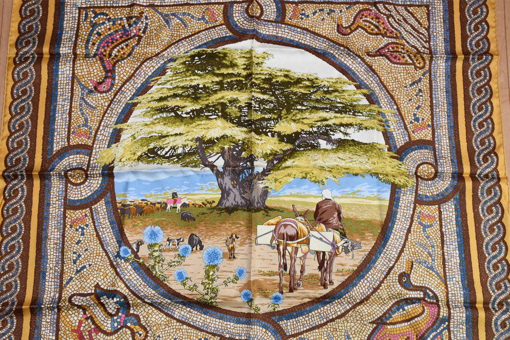 Hermes Scarf Sous le Cedre silk 90 cm yellow beige Carre Himalayas cedar 35"