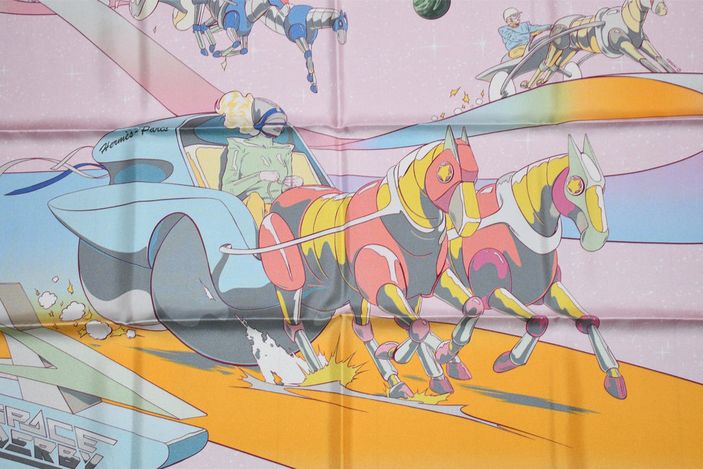 Hermes Scarf Space Derby 90 cm silk pink Carre horse racing 0083