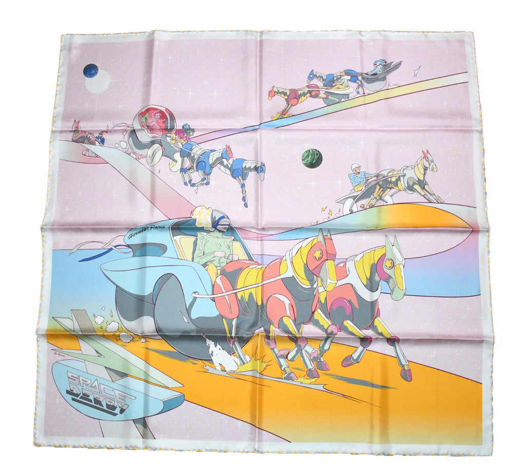Hermes Scarf Space Derby 90 cm silk pink Carre horse racing 0083