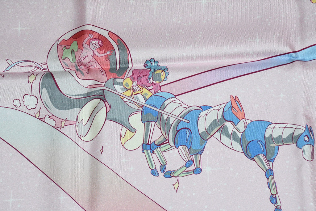 Hermes Scarf Space Derby 90 cm silk pink Carre horse racing 35"