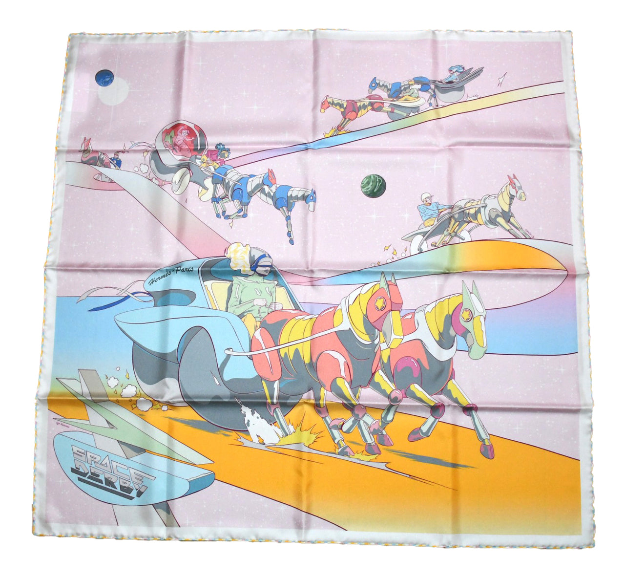 Hermes Scarf Space Derby 90 cm silk pink Carre horse racing 35"