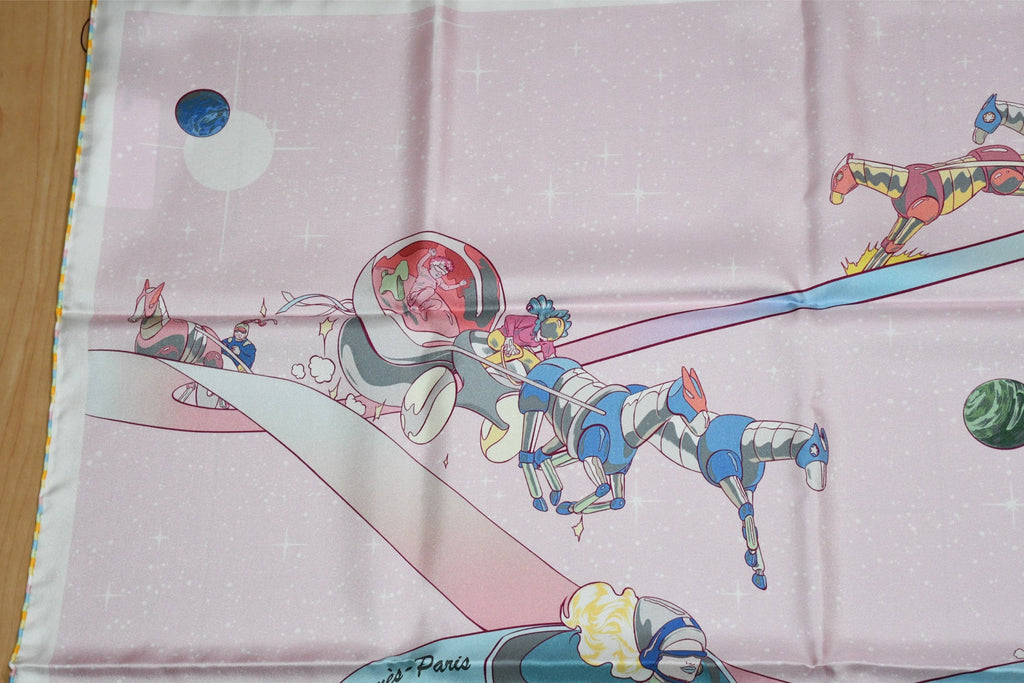 Hermes Scarf Space Derby 90 cm silk pink Carre horse racing 35"