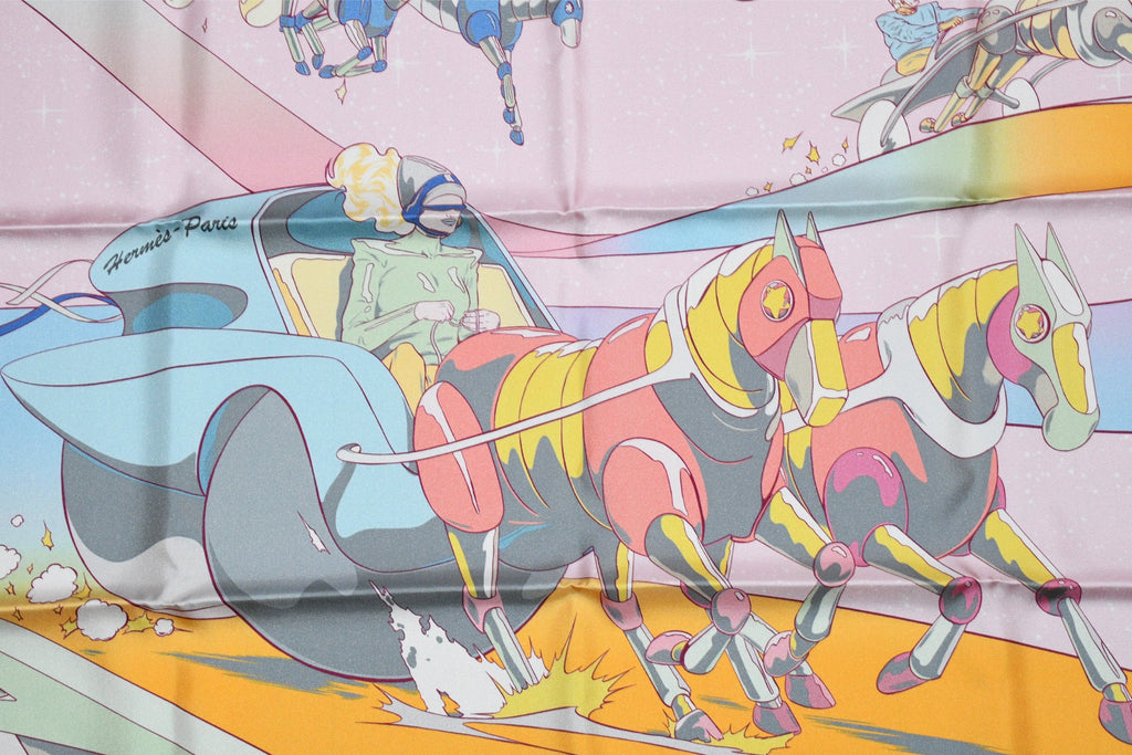 Hermes Scarf Space Derby 90 cm silk pink Carre horse racing 35"