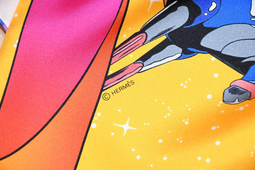 Hermes Scarf Space Derby 90 cm silk yellow Carre horse racing 35"