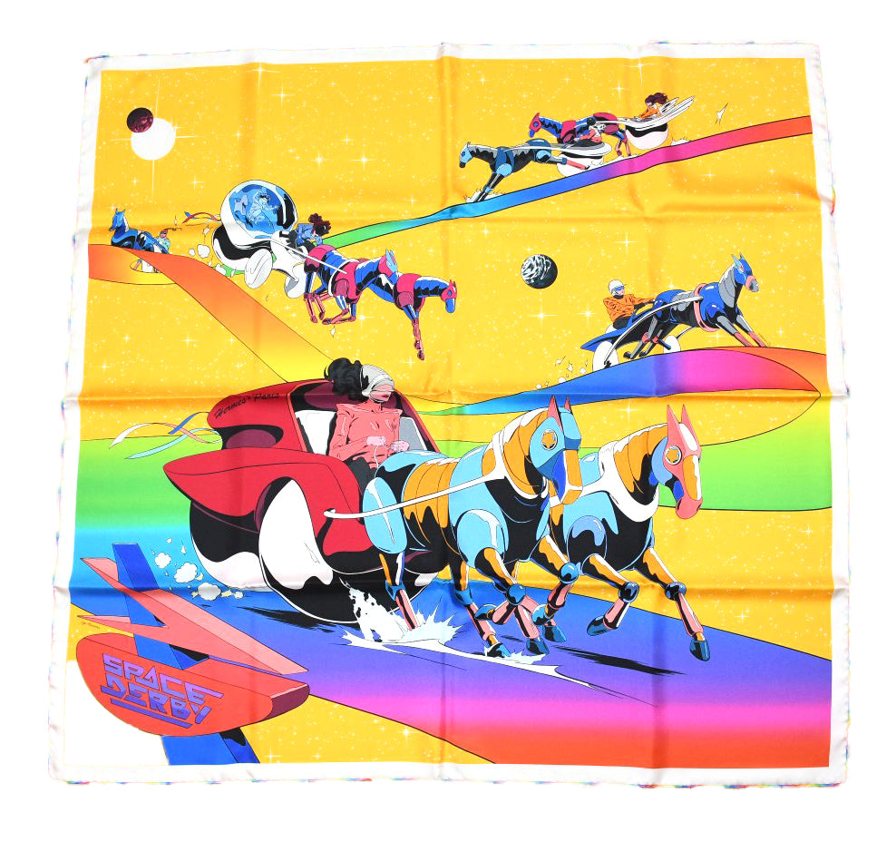 Hermes Scarf Space Derby 90 cm silk yellow Carre horse racing 35"