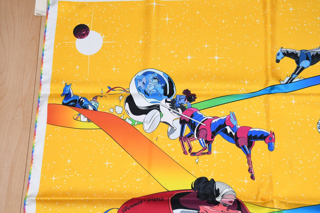 Hermes Scarf Space Derby 90 cm silk yellow Carre horse racing 35"
