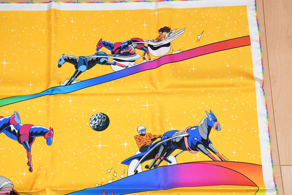 Hermes Scarf Space Derby 90 cm silk yellow Carre horse racing 35"
