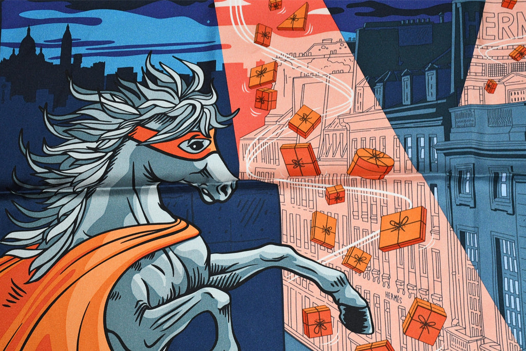 Hermes Scarf Space Shopping au Faubourg 90 cm silk orange Carre horse UFO 35"