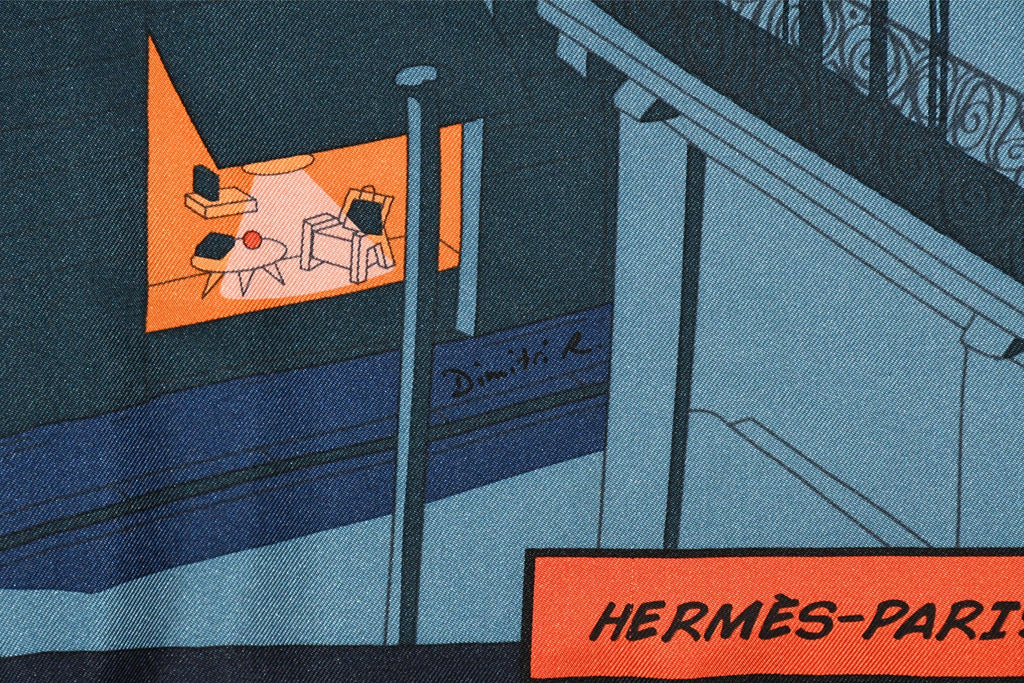 Hermes Scarf Space Shopping au Faubourg 90 cm silk orange Carre horse UFO 35"